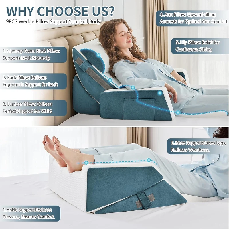 9PCS Orthopädische Bett Keil Kissen Set,Post Chirurgie Schaum Kissen für Körper,Rücken und Beine Schmerzlinderung,Justierbare Stützkissen mit Säure Reflux Bed Wedge Memory Foam Marineblau