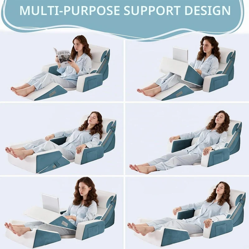9PCS Orthopädische Bett Keil Kissen Set,Post Chirurgie Schaum Kissen für Körper,Rücken und Beine Schmerzlinderung,Justierbare Stützkissen mit Säure Reflux Bed Wedge Memory Foam Marineblau