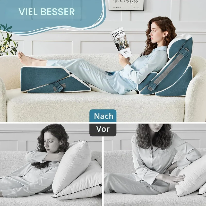 9PCS Orthopädische Bett Keil Kissen Set,Post Chirurgie Schaum Kissen für Körper,Rücken und Beine Schmerzlinderung,Justierbare Stützkissen mit Säure Reflux Bed Wedge Memory Foam Marineblau
