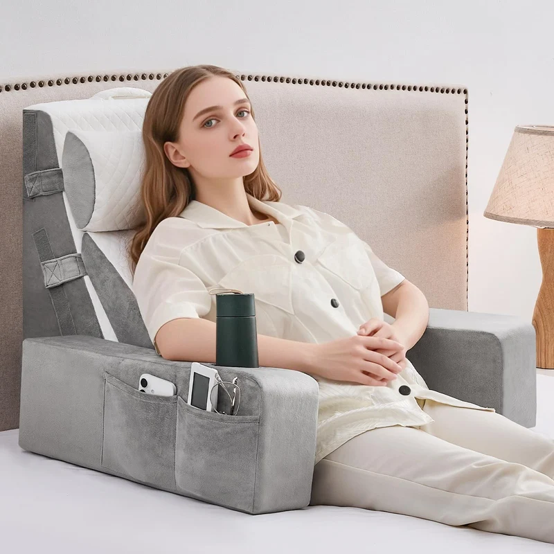 Lesekissen für Bett und Sofa,Bücherkissen mit Abnehmbarer Nackenrolle & Armlehne,Rückenkissen Bett, Wandkissen Multifunktions-Keilkissen zum Lesen, Arbeiten,Bed Wedge Pillow