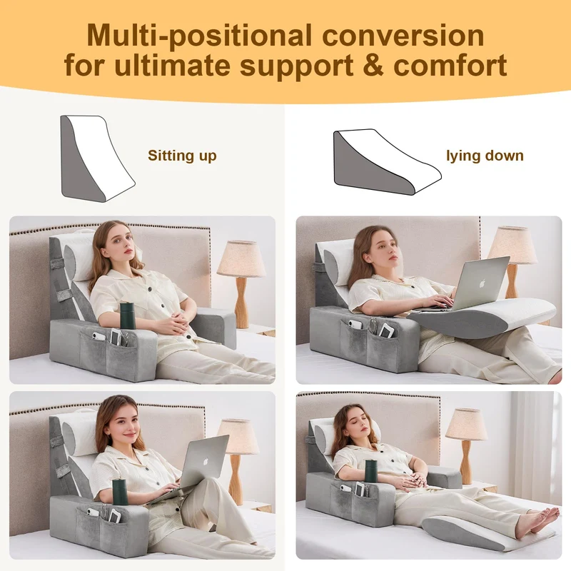 Lesekissen für Bett und Sofa,Bücherkissen mit Abnehmbarer Nackenrolle & Armlehne,Rückenkissen Bett, Wandkissen Multifunktions-Keilkissen zum Lesen, Arbeiten,Bed Wedge Pillow