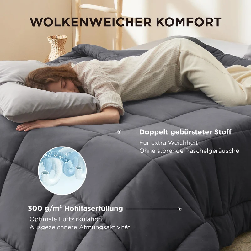 BEDSURE Bettdecke Ohne - Bettdecke für Allergiker, Warm & Gemütlich Ganzjahresdecke 300GSM Füllung, Waschbare Duvet für 4 Jahreszeiten, Grau/Hellgrau