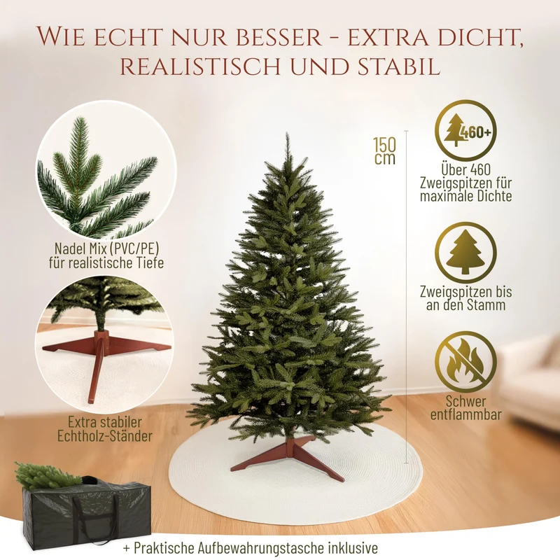 Künstlicher Weihnachtsbaum - Lebensähnlich, besonders dichte Äste, einfache Montage, Made in EU - Premium-Weihnachtsbaum mit Holzständer, Aufbewahrungstasche - Eleganter Nordmann Tannenbaum / Varianten Auswahl - Restposten Neu & OVP!