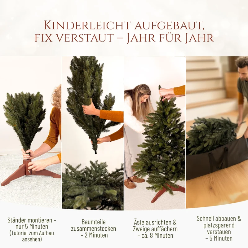 Künstlicher Weihnachtsbaum - Lebensähnlich, besonders dichte Äste, einfache Montage, Made in EU - Premium-Weihnachtsbaum mit Holzständer, Aufbewahrungstasche - Eleganter Nordmann Tannenbaum / Varianten Auswahl - Restposten Neu & OVP!