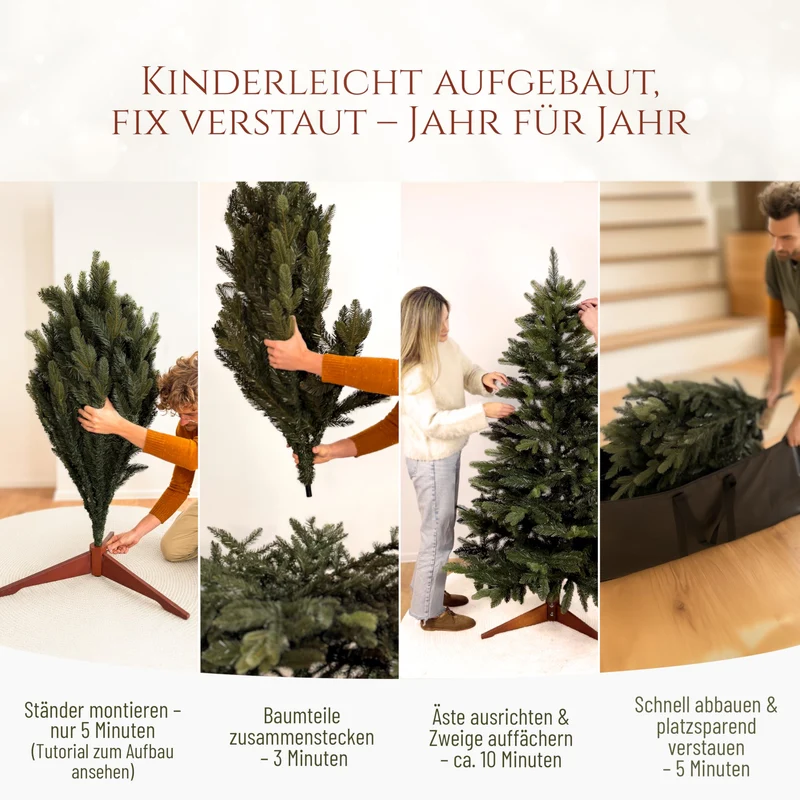 Künstlicher Weihnachtsbaum - Lebensähnlich, besonders dichte Äste, einfache Montage, Made in EU - Premium-Weihnachtsbaum mit Holzständer, Aufbewahrungstasche - Eleganter Nordmann Tannenbaum / Varianten Auswahl - Restposten Neu & OVP!