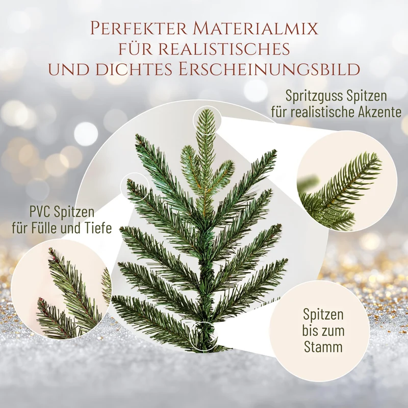 Künstlicher Weihnachtsbaum - Lebensähnlich, besonders dichte Äste, einfache Montage, Made in EU - Premium-Weihnachtsbaum mit Holzständer, Aufbewahrungstasche - Eleganter Nordmann Tannenbaum / Varianten Auswahl - Restposten Neu & OVP!
