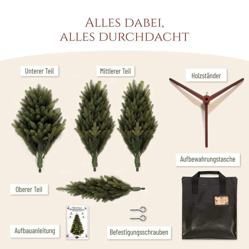 Künstlicher Weihnachtsbaum - Lebensähnlich, besonders dichte Äste, einfache Montage, Made in EU - Premium-Weihnachtsbaum mit Holzständer, Aufbewahrungstasche - Eleganter Nordmann Tannenbaum / Varianten Auswahl - Restposten Neu & OVP!