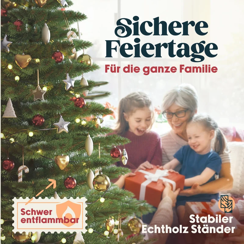 Künstlicher Weihnachtsbaum - Lebensähnlich, besonders dichte Äste, einfache Montage, Made in EU - Premium-Weihnachtsbaum mit Holzständer, Aufbewahrungstasche - Eleganter Nordmann Tannenbaum / Varianten Auswahl - Restposten Neu & OVP!