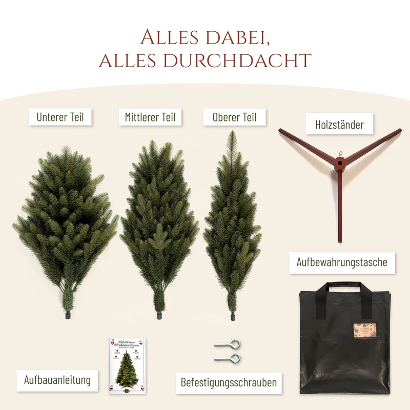 Künstlicher Weihnachtsbaum - Lebensähnlich, besonders dichte Äste, einfache Montage, Made in EU - Premium-Weihnachtsbaum mit Holzständer, Aufbewahrungstasche - Eleganter Nordmann Tannenbaum / Varianten Auswahl - Restposten Neu & OVP!