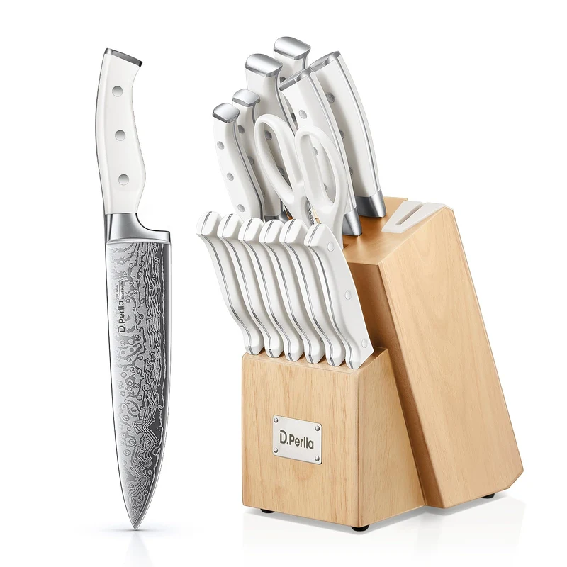 Messerblock Set, 14-teiliger selbstschärfender Messerblock mit Messer, scharfer Edelstahlmessersatz mit Kunststoffgriff und Holzblock, professionelles Küchenmesserset