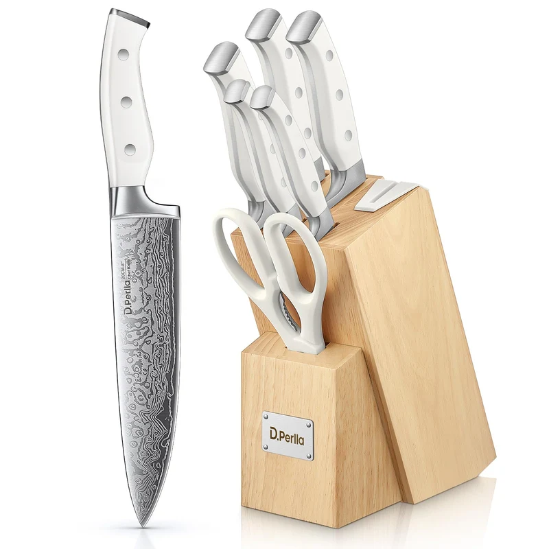 Messerblock Set, 14-teiliger selbstschärfender Messerblock mit Messer, scharfer Edelstahlmessersatz mit Kunststoffgriff und Holzblock, professionelles Küchenmesserset