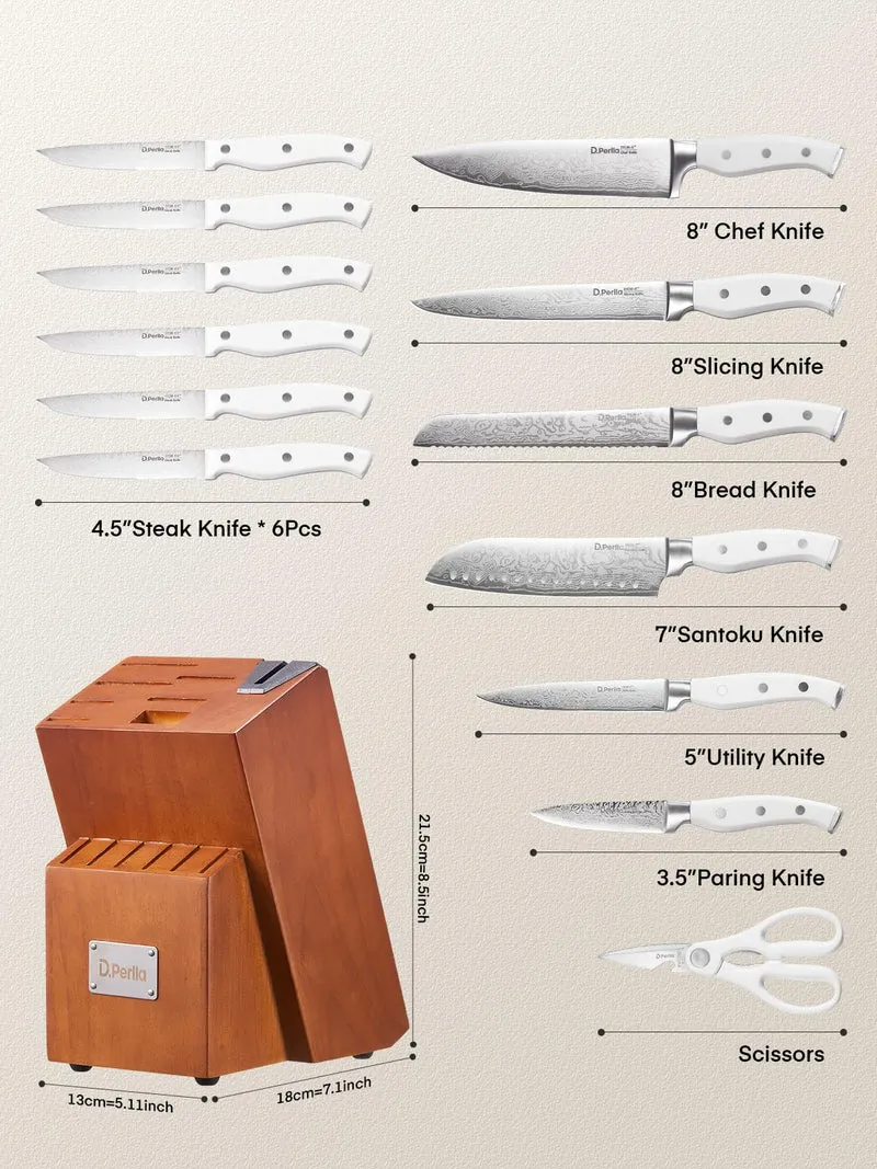 Messerblock Set, 14-teiliger selbstschärfender Messerblock mit Messer, scharfer Edelstahlmessersatz mit Kunststoffgriff und Holzblock, professionelles Küchenmesserset