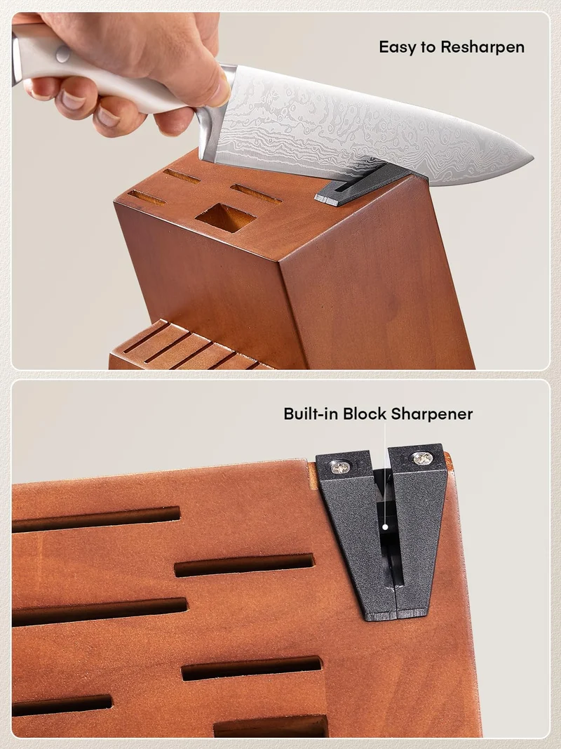 Messerblock Set, 14-teiliger selbstschärfender Messerblock mit Messer, scharfer Edelstahlmessersatz mit Kunststoffgriff und Holzblock, professionelles Küchenmesserset