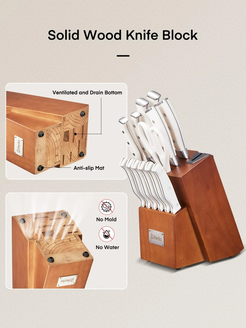 Messerblock Set, 14-teiliger selbstschärfender Messerblock mit Messer, scharfer Edelstahlmessersatz mit Kunststoffgriff und Holzblock, professionelles Küchenmesserset