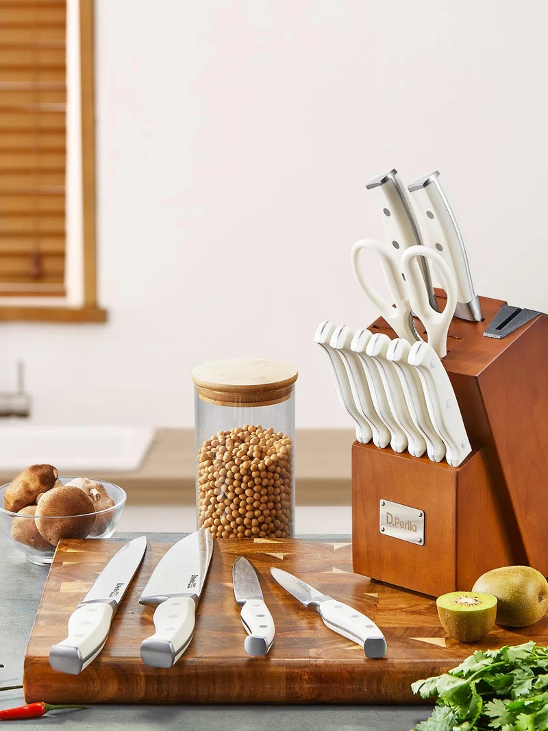 Messerblock Set, 14-teiliger selbstschärfender Messerblock mit Messer, scharfer Edelstahlmessersatz mit Kunststoffgriff und Holzblock, professionelles Küchenmesserset