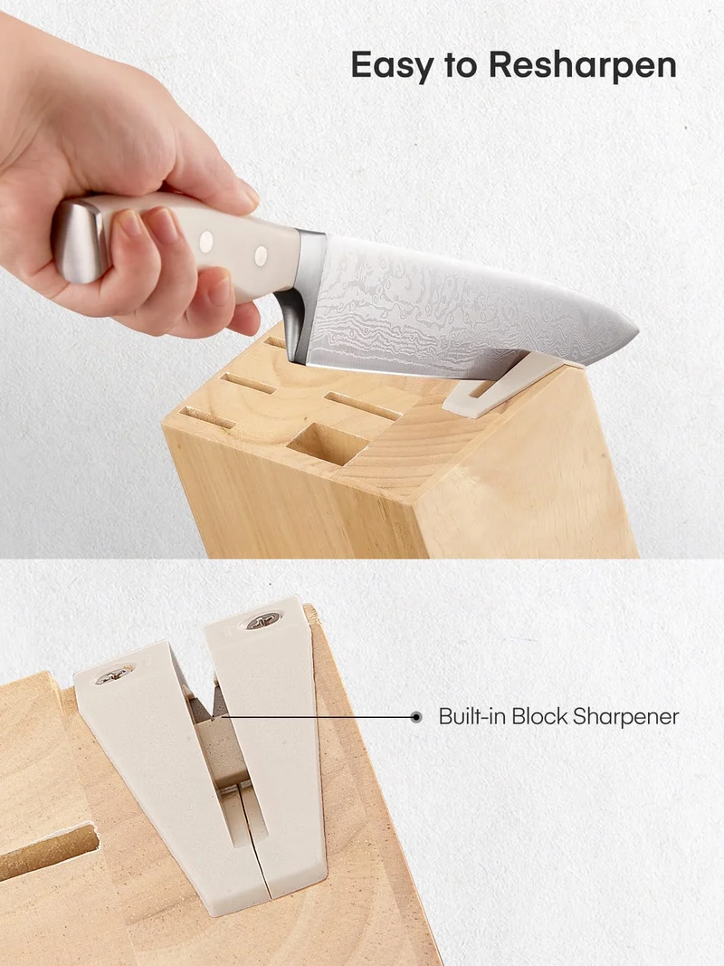 Messerblock Set, 14-teiliger selbstschärfender Messerblock mit Messer, scharfer Edelstahlmessersatz mit Kunststoffgriff und Holzblock, professionelles Küchenmesserset