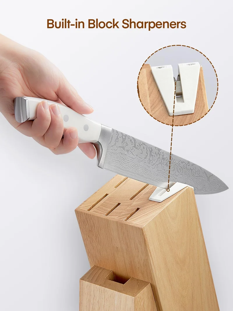 Messerblock Set, 14-teiliger selbstschärfender Messerblock mit Messer, scharfer Edelstahlmessersatz mit Kunststoffgriff und Holzblock, professionelles Küchenmesserset