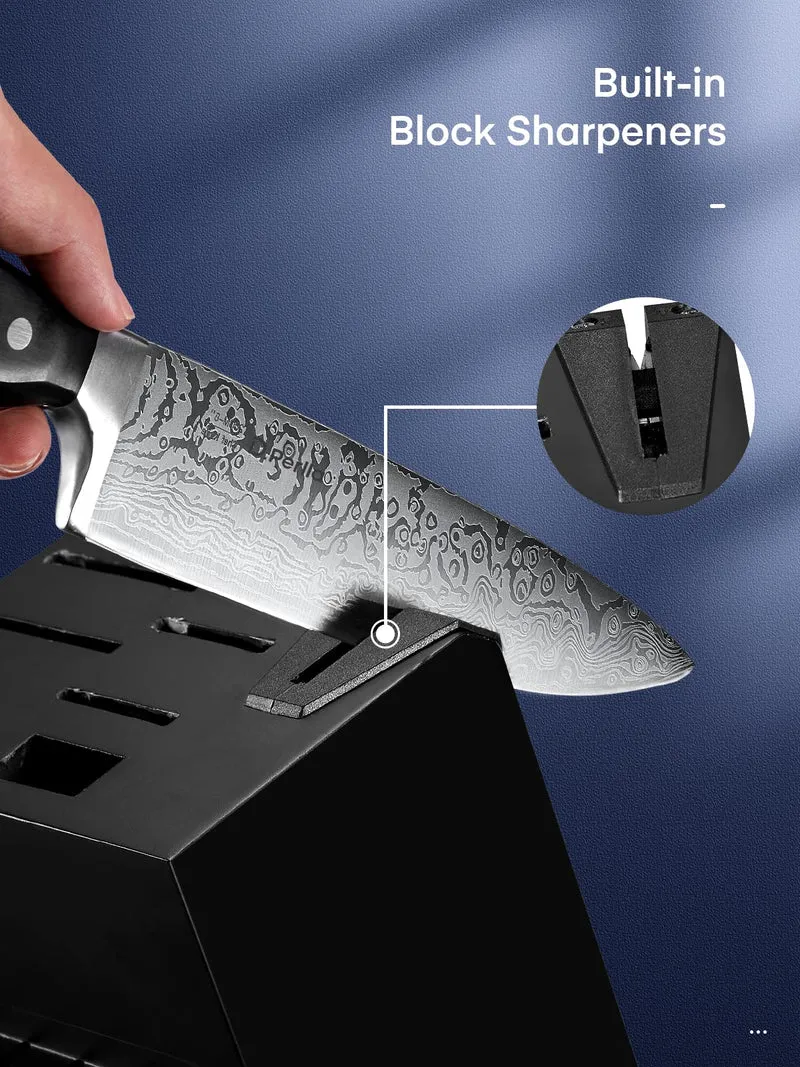 Messerblock Set, 14-teiliger selbstschärfender Messerblock mit Messer, scharfer Edelstahlmessersatz mit Kunststoffgriff und Holzblock, professionelles Küchenmesserset