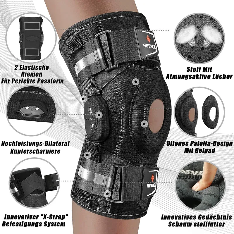 Kniebandage gegen Knieschmerzen, Kniestütze mit Scharnier und patentiertem X-Strap Befestigungssystem, starke Stabilität zur Schmerzlinderung, bei Arthritis, Meniskusriss, ACL, PCL, MCL