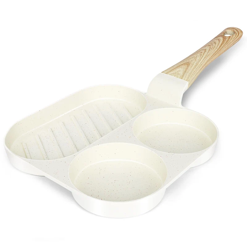 Spiegeleipfanne, 3-Loch Omlettenpfanne, Granit-Antihaftbeschichtung, PFOS/PFOA-Frei Eierpfanne für Gebratenes Frühstück/Eier/Wurst/Speck, Weiß