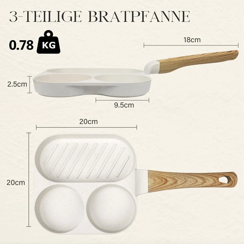 Spiegeleipfanne, 3-Loch Omlettenpfanne, Granit-Antihaftbeschichtung, PFOS/PFOA-Frei Eierpfanne für Gebratenes Frühstück/Eier/Wurst/Speck, Weiß