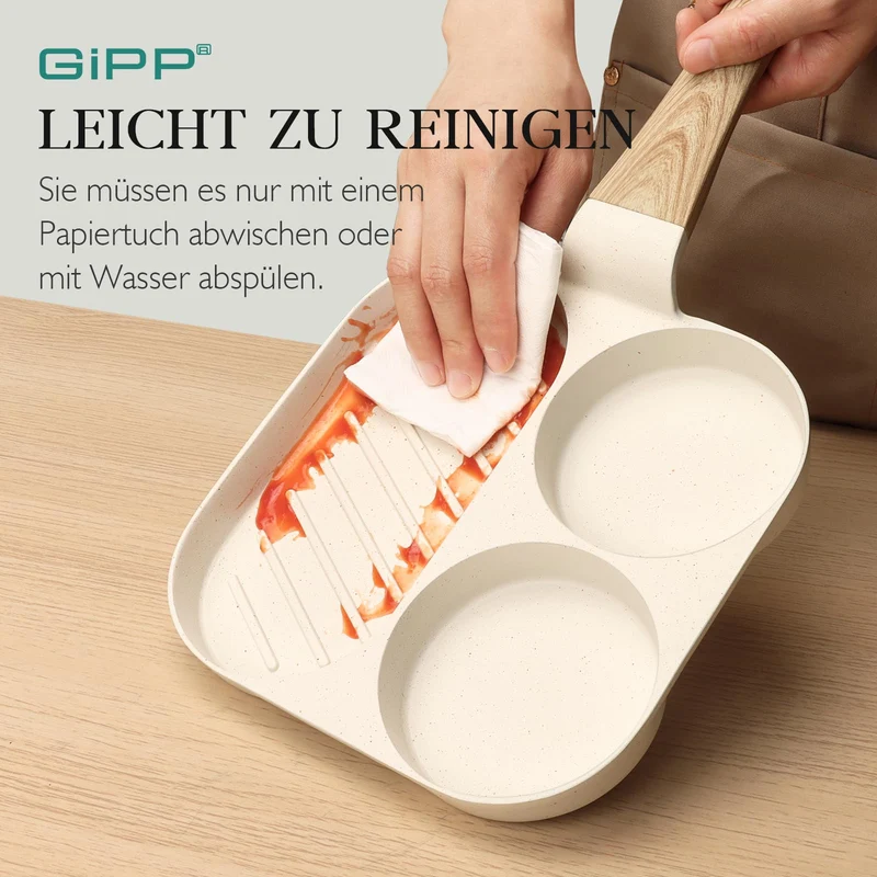 Spiegeleipfanne, 3-Loch Omlettenpfanne, Granit-Antihaftbeschichtung, PFOS/PFOA-Frei Eierpfanne für Gebratenes Frühstück/Eier/Wurst/Speck, Weiß