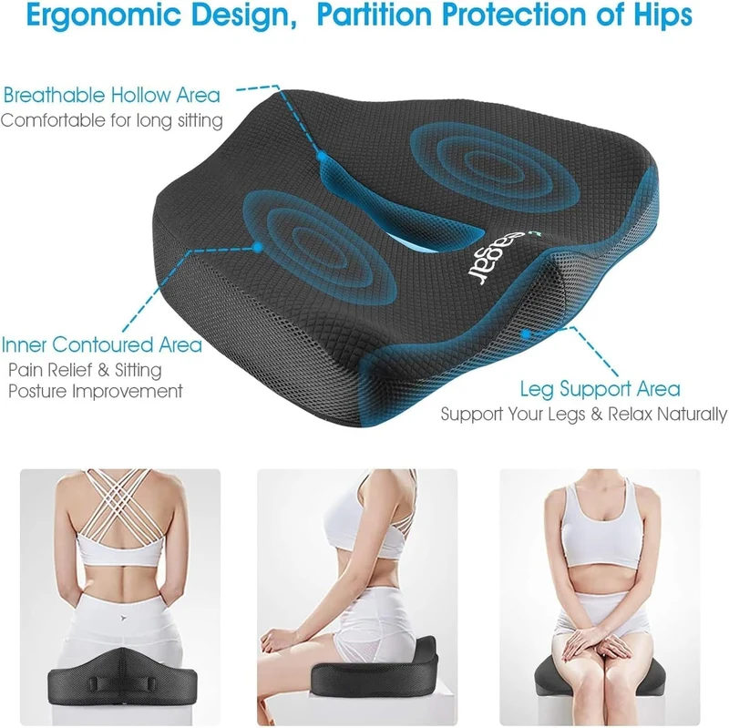 Sitzkissen, Orthopädisches Sitzkissen aus Memory Foam, Ergonomisches Sitzkissen für Bürostuhl /Autositz / Steissbeinkissen Stuhlkissen Sitzkissen Outdoor Zuhause, Schwarz