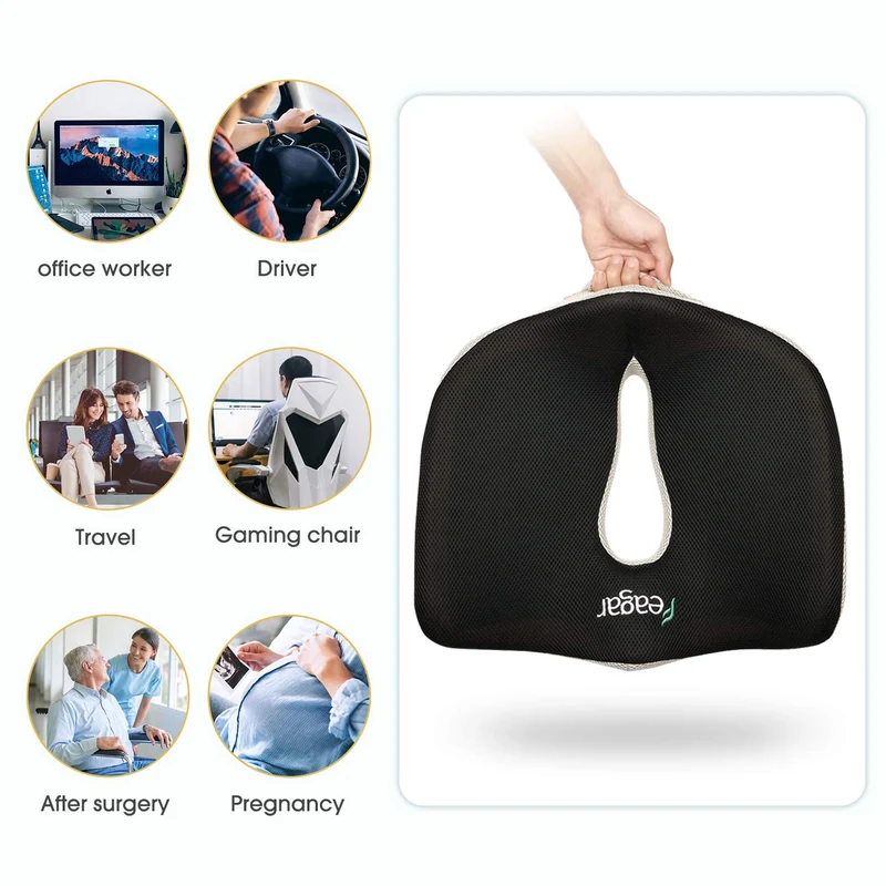 Sitzkissen, Orthopädisches Sitzkissen aus Memory Foam, Ergonomisches Sitzkissen für Bürostuhl /Autositz / Steissbeinkissen Stuhlkissen Sitzkissen Outdoor Zuhause, Schwarz