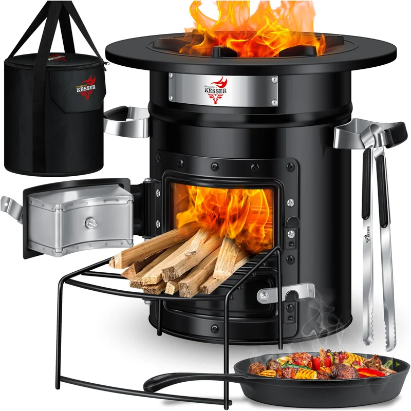 Raketenherd mit Gusseisen-Grillpfanne / Enthält Grillzange & Tragetasche /Camping Grill Edelstahl