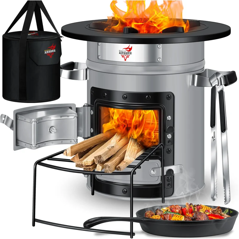 Raketenherd mit Gusseisen-Grillpfanne / Enthält Grillzange & Tragetasche /Camping Grill Edelstahl