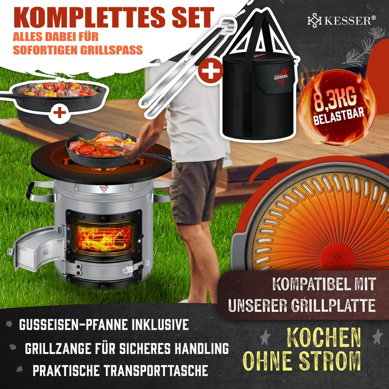 Raketenherd mit Gusseisen-Grillpfanne / Enthält Grillzange & Tragetasche /Camping Grill Edelstahl