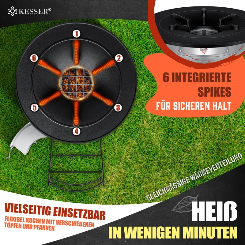 Raketenherd mit Gusseisen-Grillpfanne / Enthält Grillzange & Tragetasche /Camping Grill Edelstahl