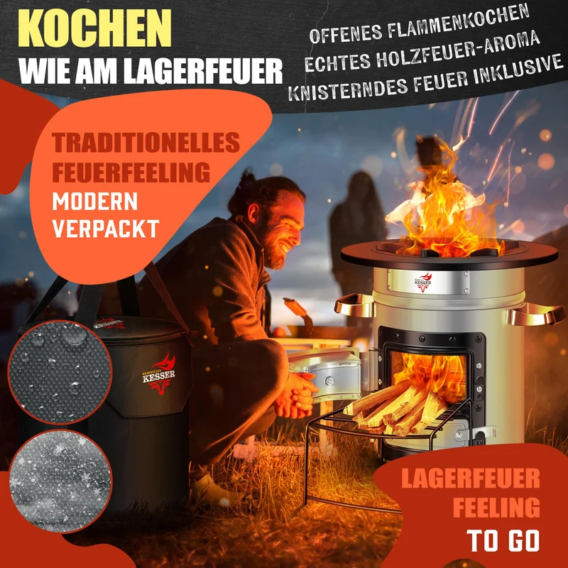 Raketenherd mit Gusseisen-Grillpfanne / Enthält Grillzange & Tragetasche /Camping Grill Edelstahl