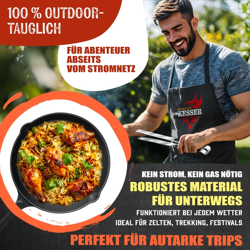Raketenherd mit Gusseisen-Grillpfanne / Enthält Grillzange & Tragetasche /Camping Grill Edelstahl