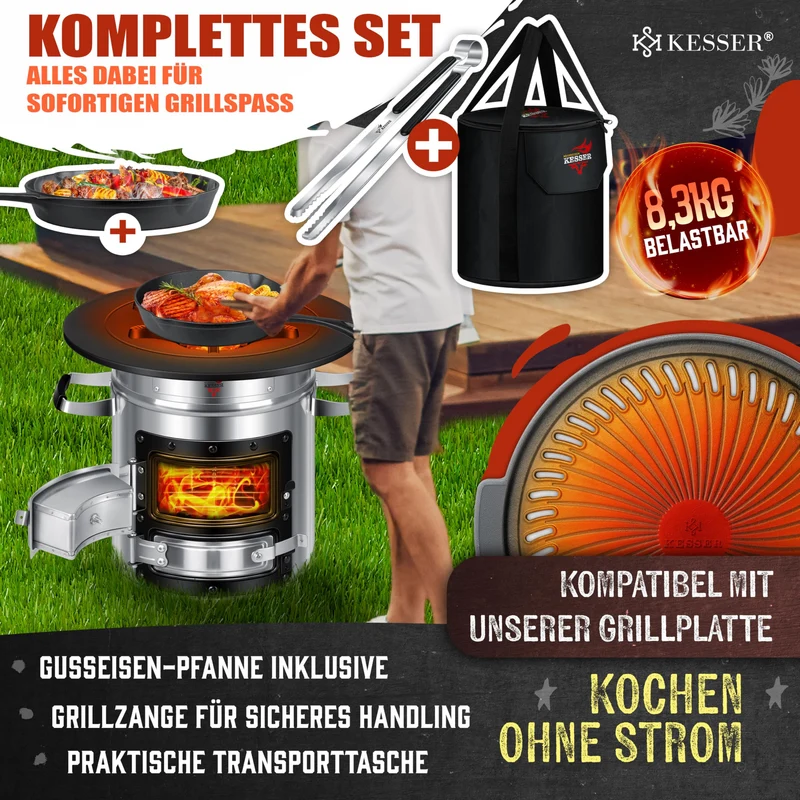 Raketenherd mit Gusseisen-Grillpfanne / Enthält Grillzange & Tragetasche /Camping Grill Edelstahl
