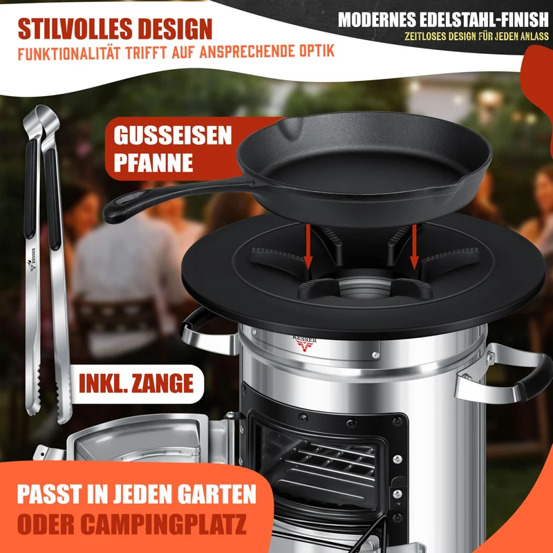 Raketenherd mit Gusseisen-Grillpfanne / Enthält Grillzange & Tragetasche /Camping Grill Edelstahl