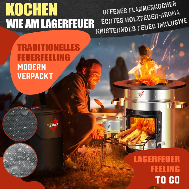 Raketenherd mit Gusseisen-Grillpfanne / Enthält Grillzange & Tragetasche /Camping Grill Edelstahl