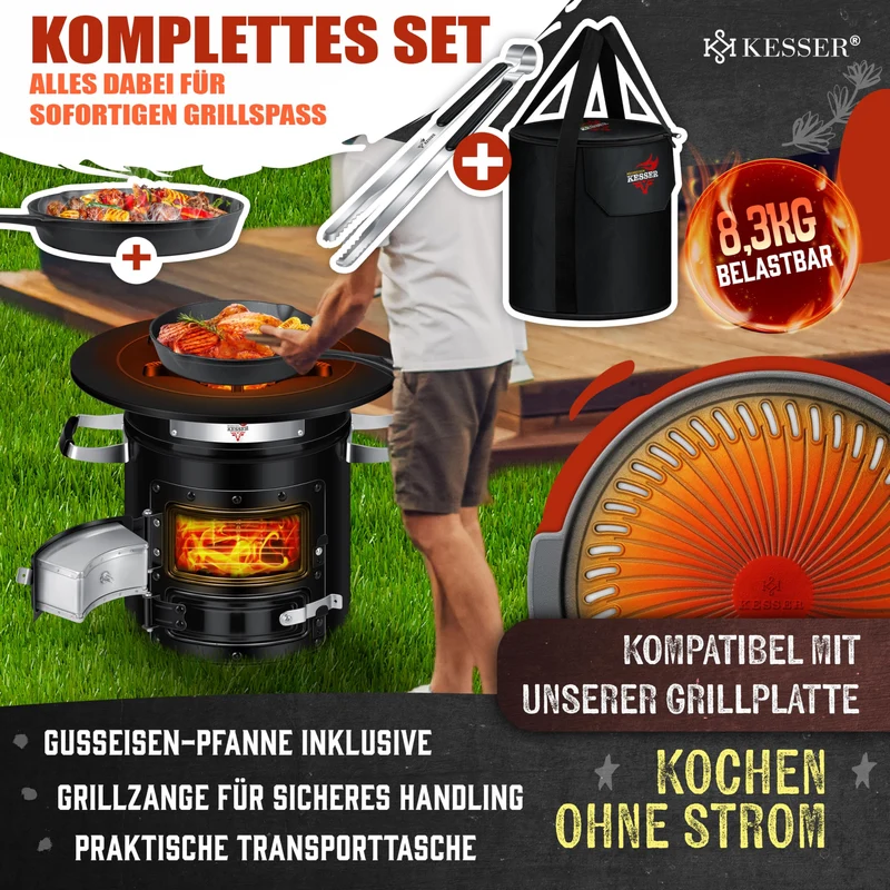 Raketenherd mit Gusseisen-Grillpfanne / Enthält Grillzange & Tragetasche /Camping Grill Edelstahl