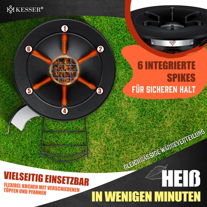 Raketenherd mit Gusseisen-Grillpfanne / Enthält Grillzange & Tragetasche /Camping Grill Edelstahl