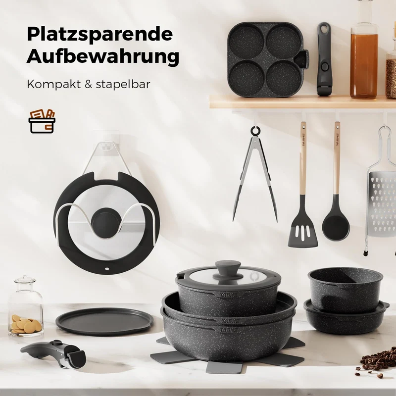 20er Set Kochtopf mit Anti-Haft-Beschichtung, abnehmbare Griffe, geeignet für Induktionskocher, Ofen bis 230 °C, Geschirrspüler sicher / NEU & OVP!