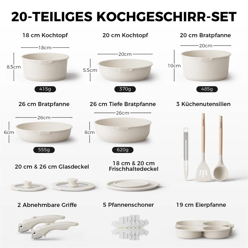 20er Set Kochtopf mit Anti-Haft-Beschichtung, abnehmbare Griffe, geeignet für Induktionskocher, Ofen bis 230 °C, Geschirrspüler sicher / NEU & OVP!