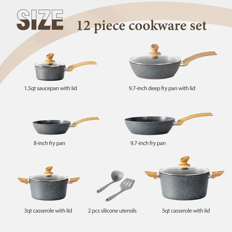12-teiliges graues Granit-Kochtopfset, Non-Stick Pot Set und Pfannenset / NEU & OVP!