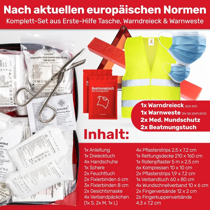 KFZ Kombitasche (3 in 1) nach aktueller Norm 2026 - Inkl. Warndreieck, Warnweste - Verbandskasten Warndreieck Set Verbandskasten Auto DIN 13164:2022