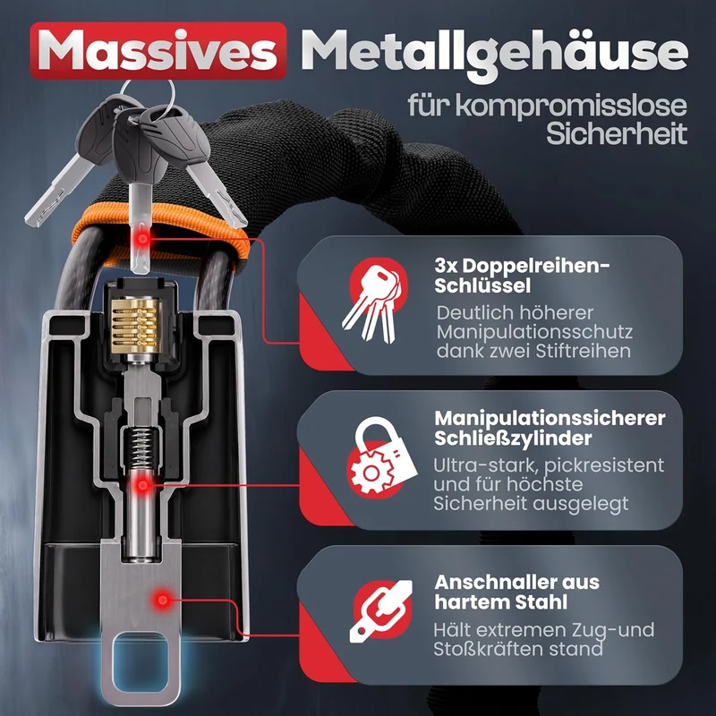 Lenkradkralle für Auto & Wohnmobil aus Metall - Universelle Passform - Lenkradschloss mit dickem Stahlseil - Wegfahrsperre Diebstahlsicherung mit 3 Sicherheitsschlüsseln