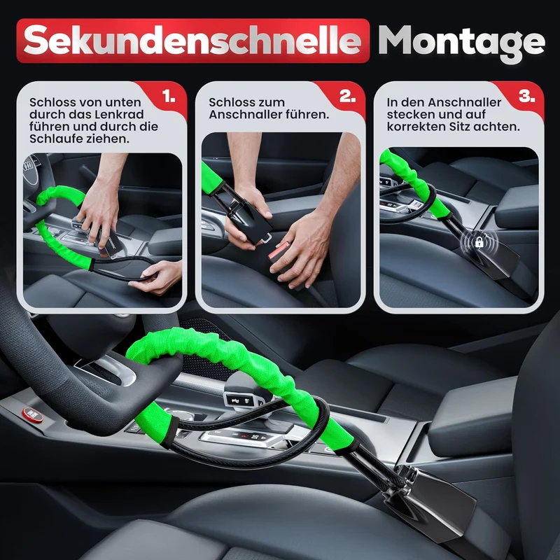 Lenkradkralle für Auto & Wohnmobil aus Metall - Universelle Passform - Lenkradschloss mit dickem Stahlseil - Wegfahrsperre Diebstahlsicherung mit 3 Sicherheitsschlüsseln