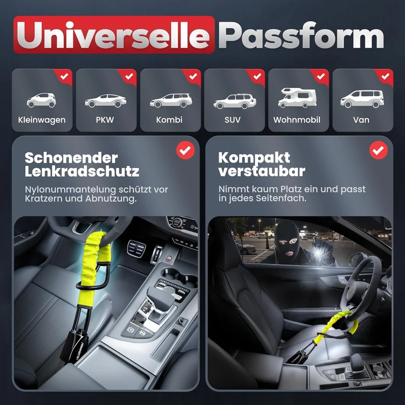 Lenkradkralle für Auto & Wohnmobil aus Metall - Universelle Passform - Lenkradschloss mit dickem Stahlseil - Wegfahrsperre Diebstahlsicherung mit 3 Sicherheitsschlüsseln
