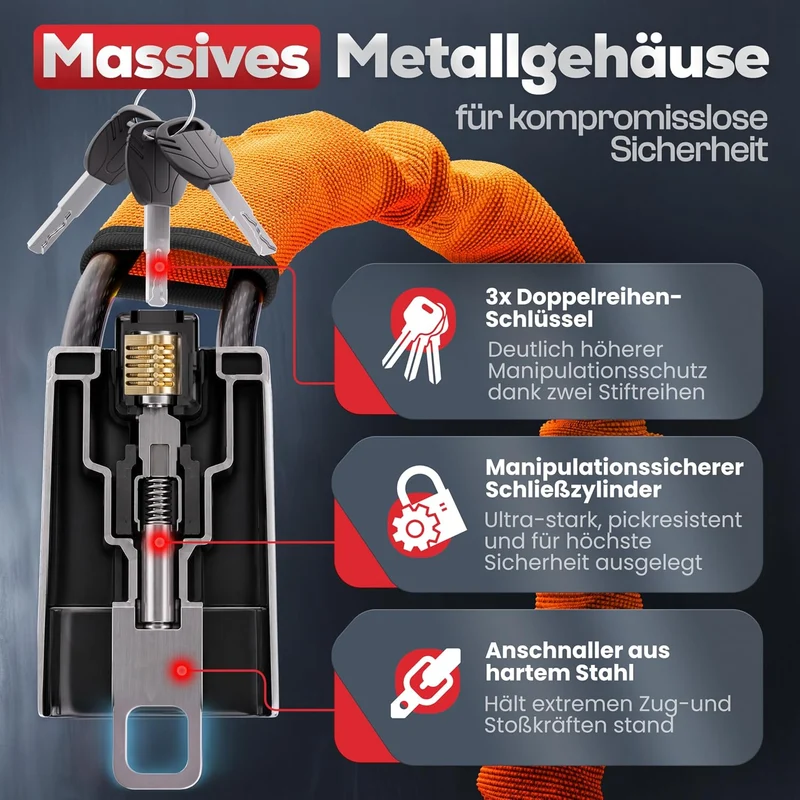 Lenkradkralle für Auto & Wohnmobil aus Metall - Universelle Passform - Lenkradschloss mit dickem Stahlseil - Wegfahrsperre Diebstahlsicherung mit 3 Sicherheitsschlüsseln