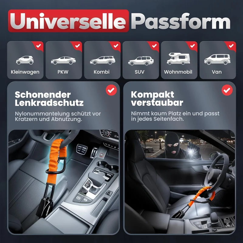 Lenkradkralle für Auto & Wohnmobil aus Metall - Universelle Passform - Lenkradschloss mit dickem Stahlseil - Wegfahrsperre Diebstahlsicherung mit 3 Sicherheitsschlüsseln