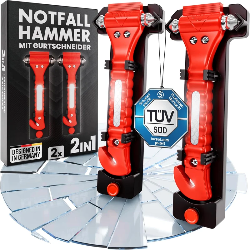 Nothammer Auto mit Gurtschneider TÜV GS Zertifiziert [2er Set] - Notfallhammer mit gehärteten Spitzen und Reflektoren - Notfall Hammer, Sicherheitshammer mit Gurtmesser