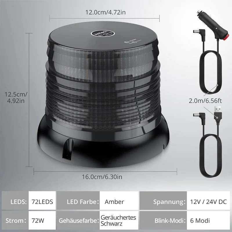 Warnleuchte Rundumleuchte 360° Gelb Blitzleuchte 7 modus mit 5m Netzkabel Doppelter Schraube 12V / 24V Warnlicht mit Magnetfuß Notfallblinklampe Magnet Transparent für Auto LKW usw